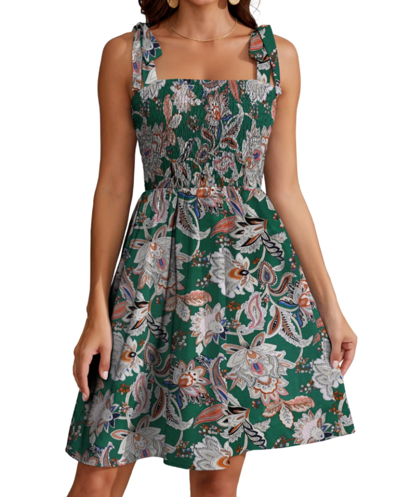 Claire Women's Summer Dress – A-Line Dress with Floral Print, Square Neckline & Thin Straps