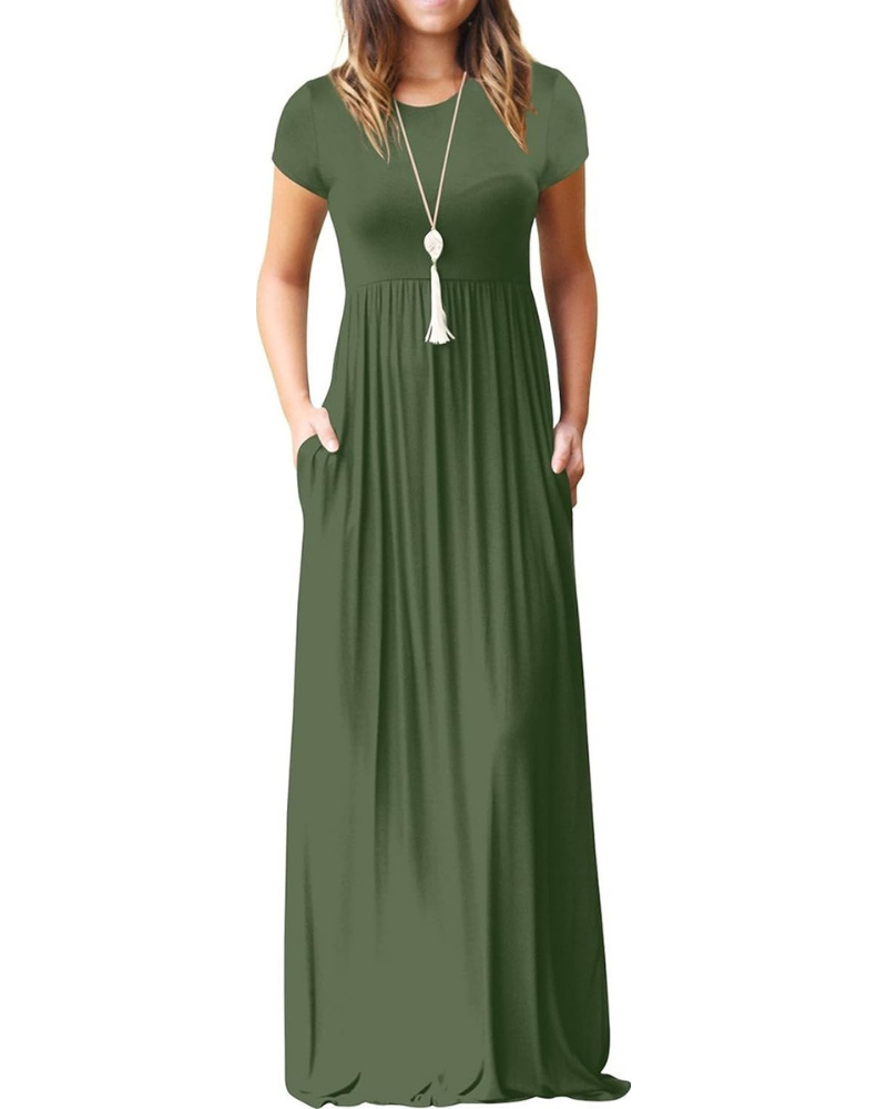 Delphine Abito Maxi Donna – Vestito Lungo con Girocollo, Vita Alta e Tasche
