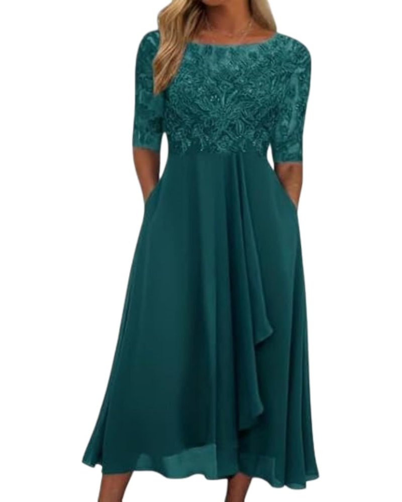 Victoria Vestito Donna Midi – Abito in Pizzo e Chiffon con Mezze Maniche