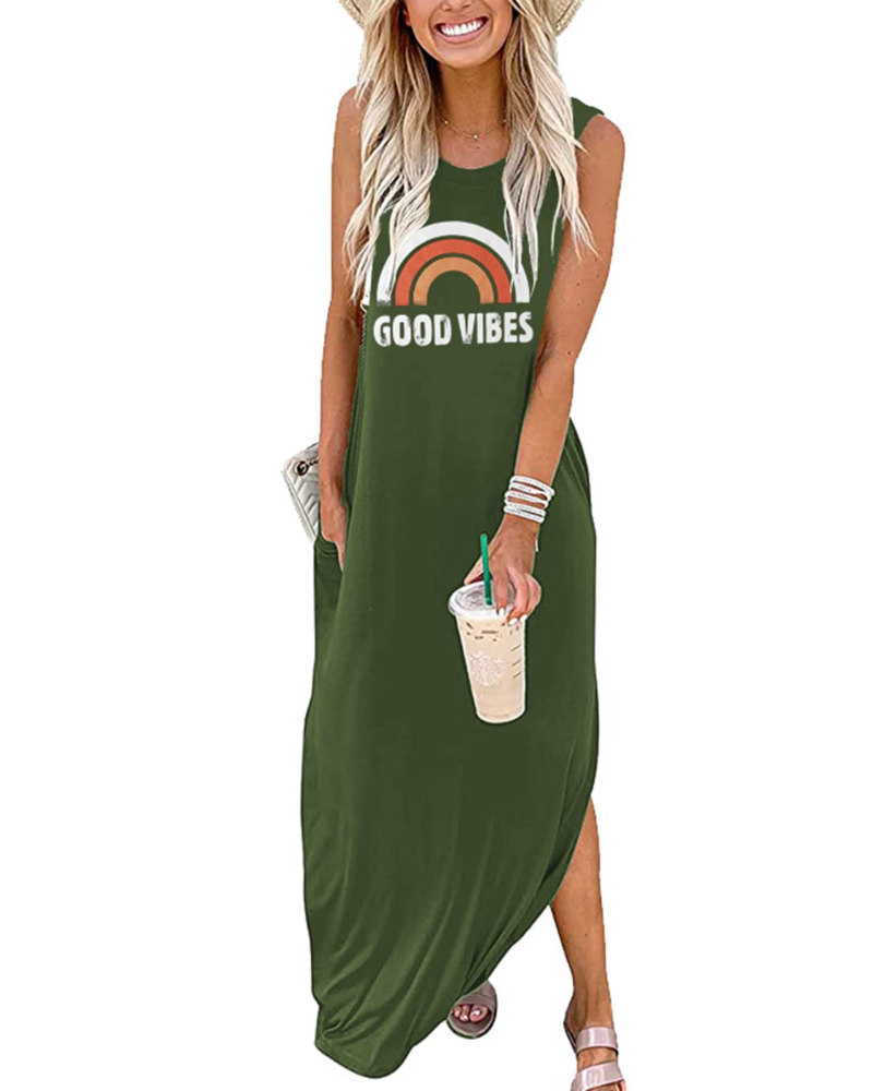 Wilhelmina Abito Maxi Donna Estivo – Senza Maniche, Tasche e Stampa Good Vibes