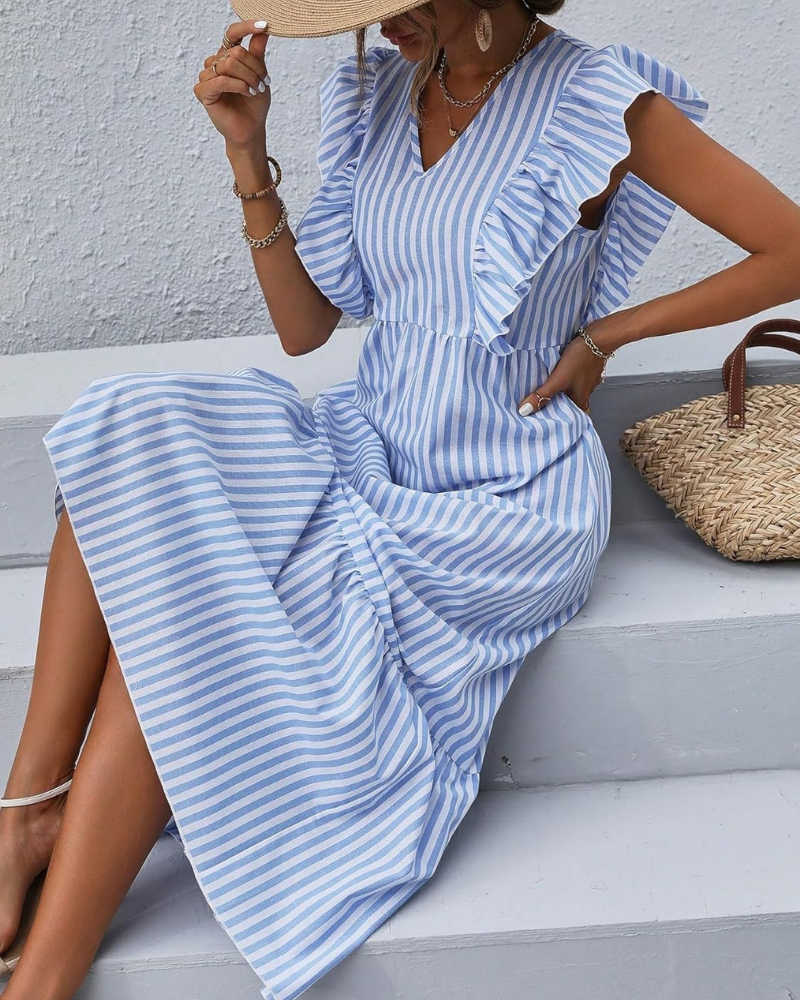 Robe longue femme Madeline Abito – Rayures bleues et blanches, volants, col en V et jupe à volants