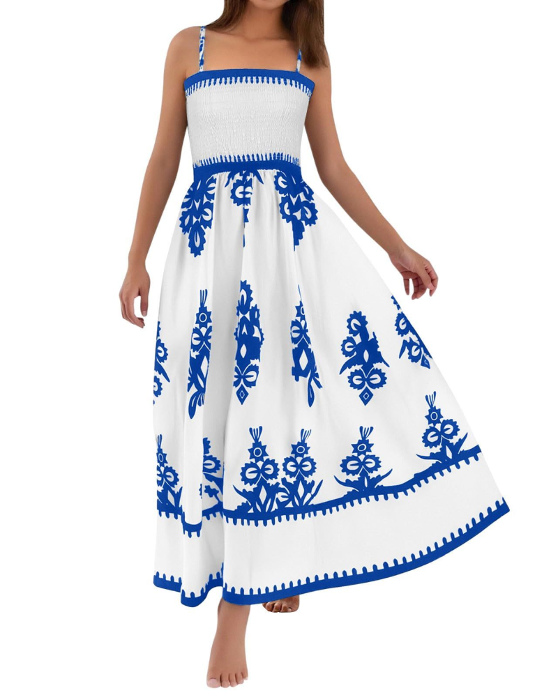 Natalie Vestito Donna Maxi – Abito Boho Smanicato con Stampa & Scollo Quadrato