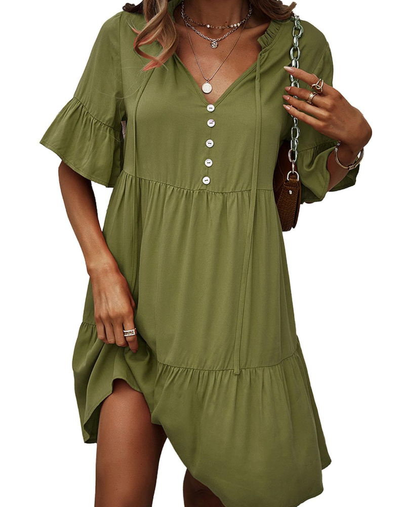 Vestido Emma Abito Línea A para Mujer – Vestido con Escote en V, Volantes, Cinturón y Estilo Elegante Liso