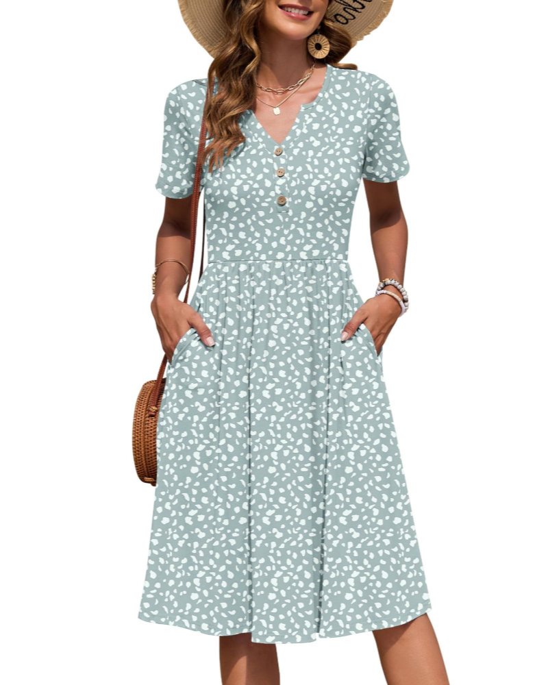 Megan Abito Midi Donna – Vestito Estivo con Scollo a V, Vita Impero e Tasche