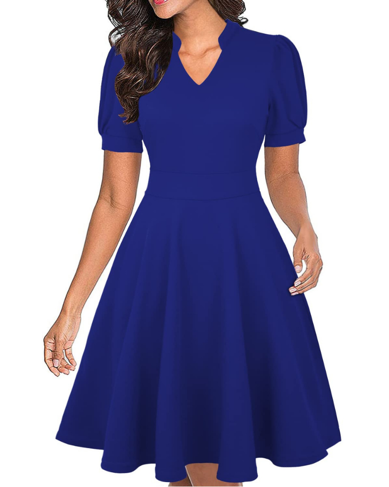 Bella Vestido Mujer – Vestido de Negocios Línea A con Escote en V, Mangas Abullonadas y Bolsillos