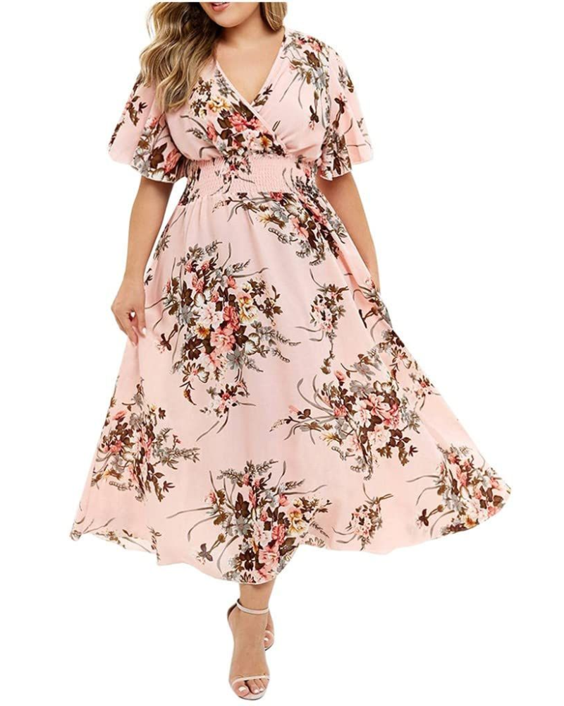 Bella robe femme en coton lin – robe midi avec col en V, imprimé floral et coupe évasée