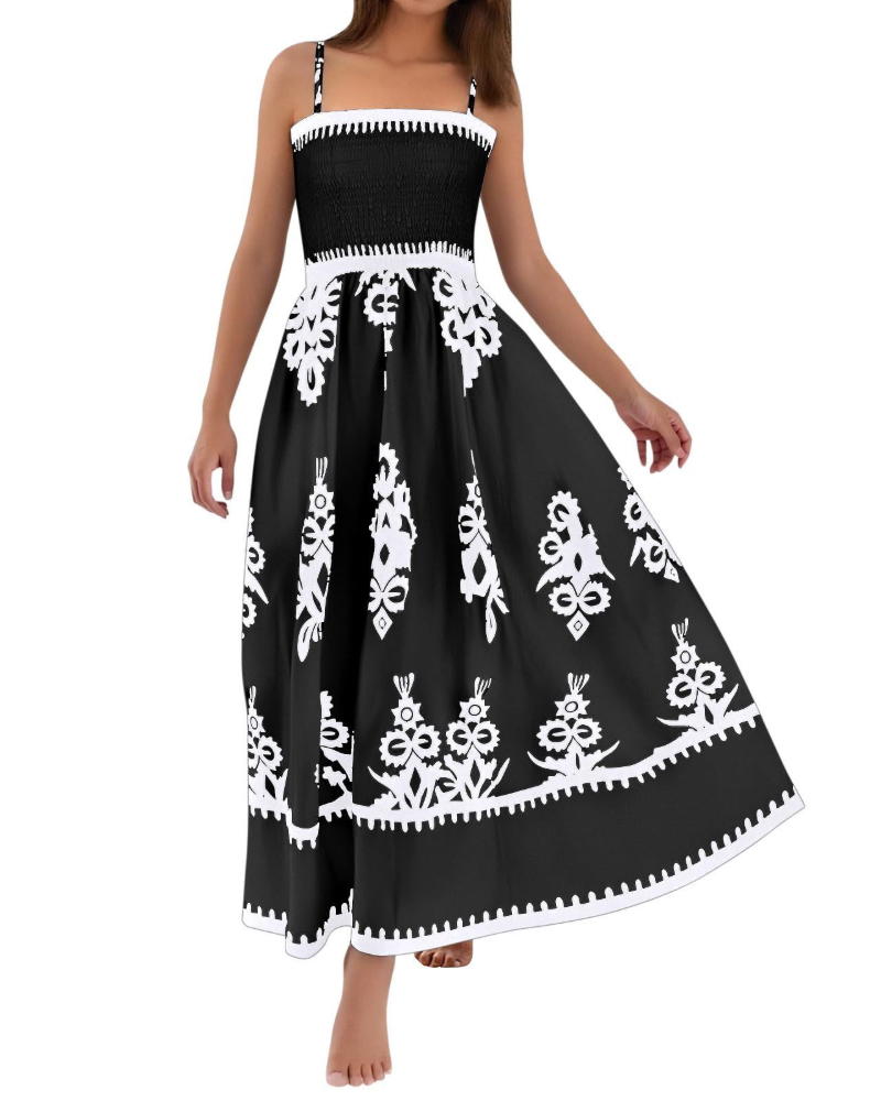 Natalie Vestito Donna Maxi – Abito Boho Smanicato con Stampa & Scollo Quadrato