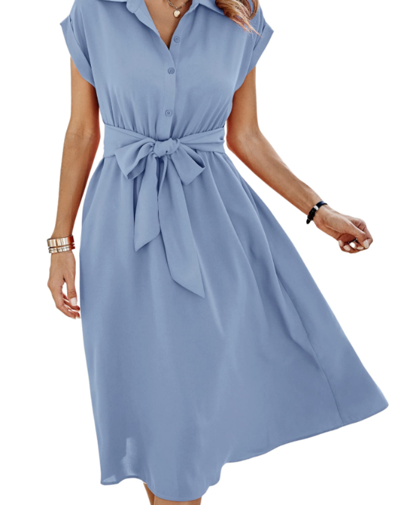 Mia Abito Midi pour Femme – Robe d'Été avec Col en V, Ceinture, Détails Boutonnés et Petites Poches