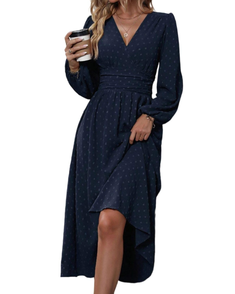 Naomi Abito Midi Donna – Vestito a Pois con Scollo a V, Vita Alta e Maniche Lunghe