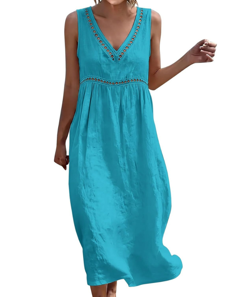 Hadley Curvy Women’s Long Dress – Cotton and Linen, V-Neck, Embroidery and Pockets
