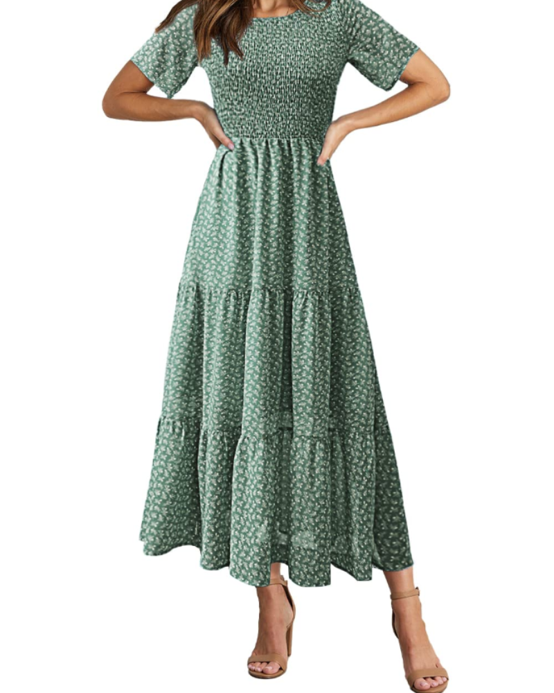 Robe Maxi Sophia Abito pour Femme – Robe Bohème avec Imprimé Floral, Taille Froncée et Ourlet à Volants