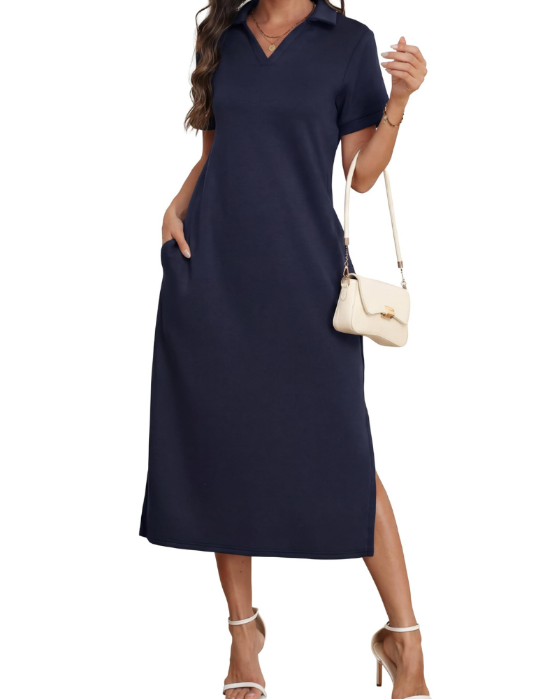 Claire Abito Mujer – Vestido Maxi Polo con Bolsillos, Tejido Suave y Corte A-Line