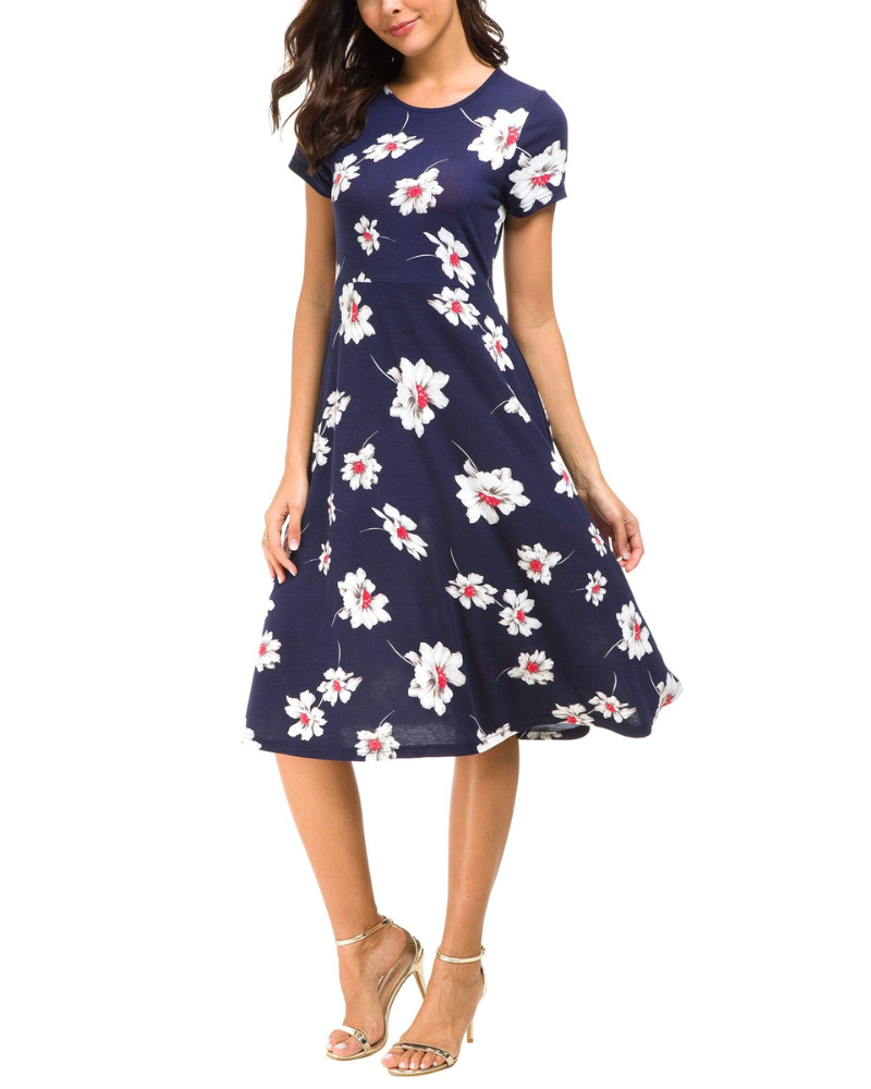 Hannah Abito Mujer – Vestido Floral a la Rodilla con Cuello Redondo, Mangas Cortas y Falda Acampanada