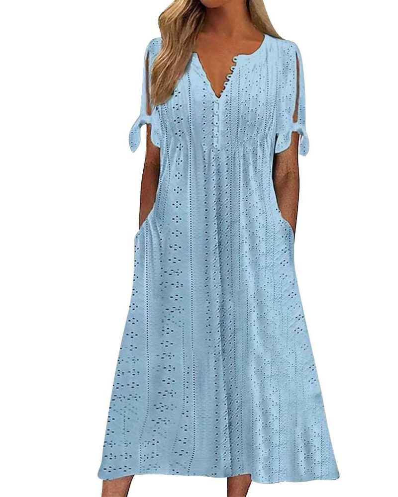 Lillian Abito Midi Mujer – Vestido Boho con Escote en V, Cintura Ajustable y Bolsillos