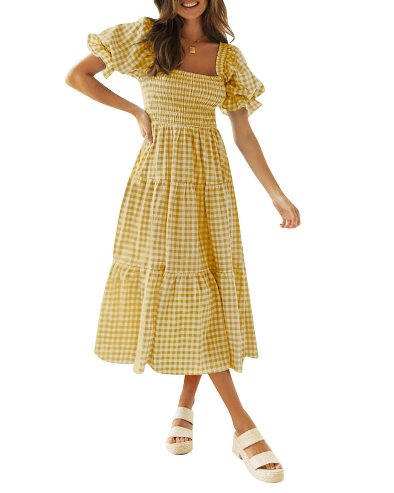 Scarlett Abito Donna – Vestito Midi con Scollo Quadrato, Maniche Puff & Gonna a Volant