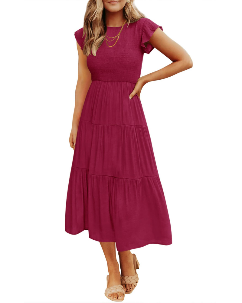 Grace Abito Mujer – Vestido Midi Cottagecore con Busto Fruncido, Mangas Volantes y Falda con Volantes