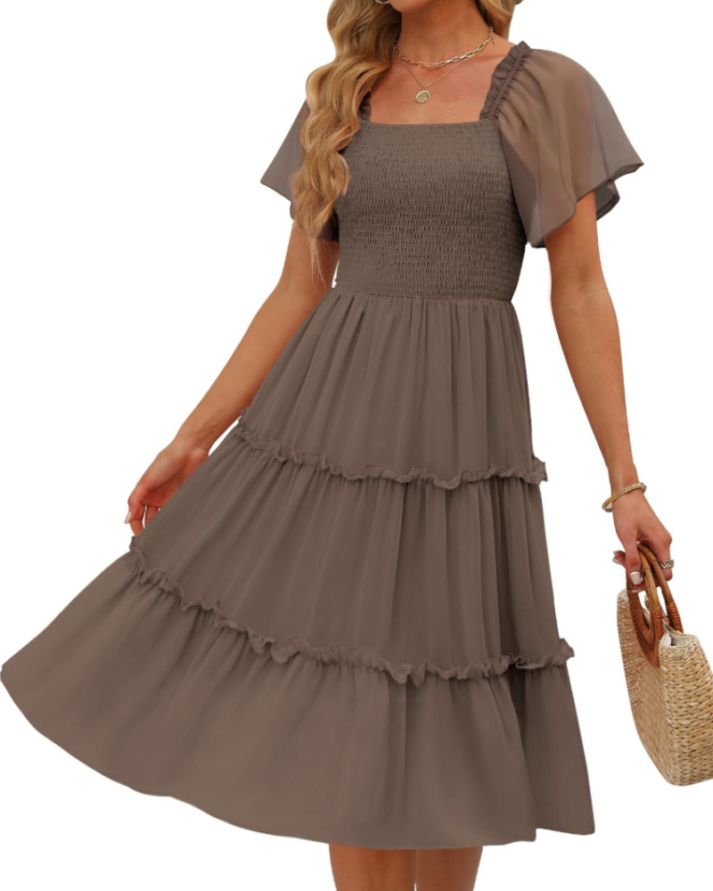 Madison Robe Femme Midi – Robe en Chiffon avec Col Carré et Volants