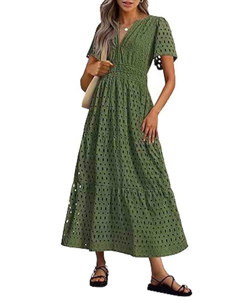 Sophia Vestito Donna Maxi – Abito Estivo in Cotone con Ricamo, Scollo V & Tasche