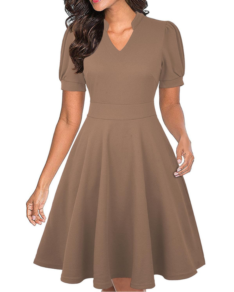 Bella Vestido Mujer – Vestido de Negocios Línea A con Escote en V, Mangas Abullonadas y Bolsillos