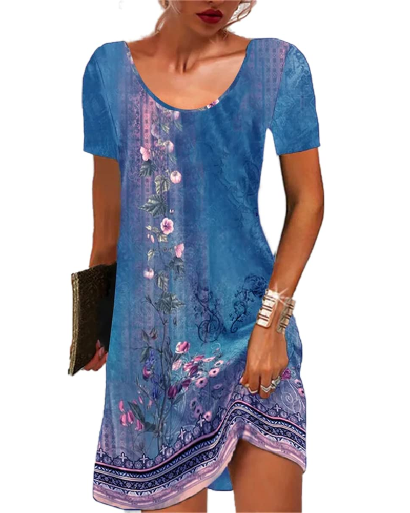 Mini-robe pour femme Priscilla, style bohème – imprimé floral, manches courtes et coupe fluide