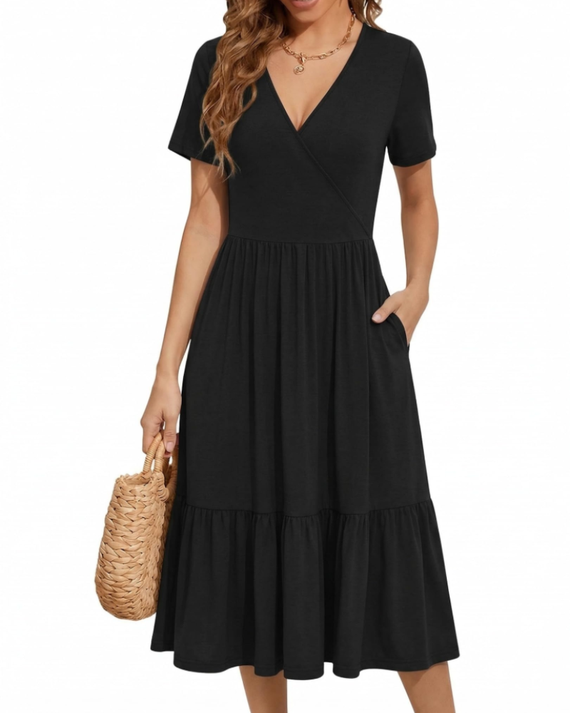 Heather Floral Women’s Midi Dress – V-Neck, High Waist, Short Sleeves, and Pockets