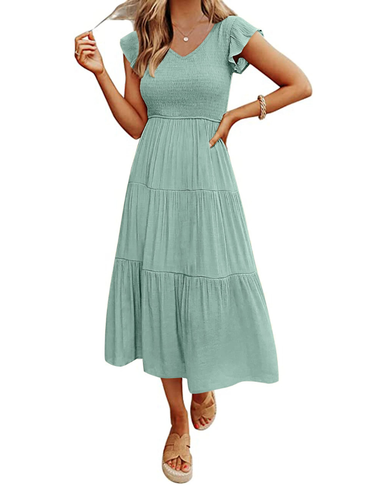 Sienna Abito Donna – Vestito Midi A-Line con Scollo a V, Maniche Flutter & Busto Smock
