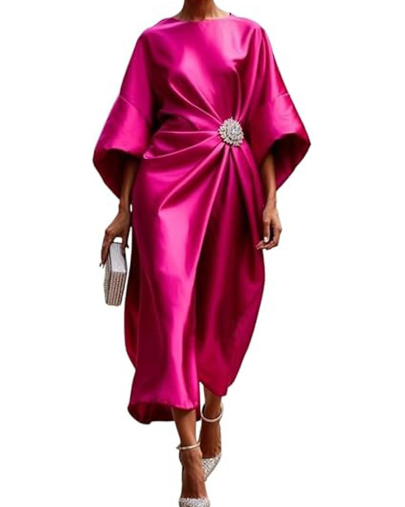 Natalie Abito Maxi Donna – Vestito Elegante in Raso con Maniche a Pipistrello e Vita Drappeggiata
