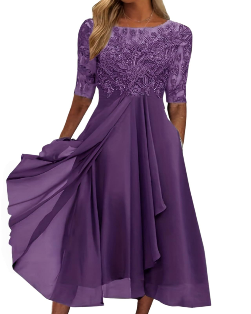 Victoria Vestito Donna Midi – Abito in Pizzo e Chiffon con Mezze Maniche