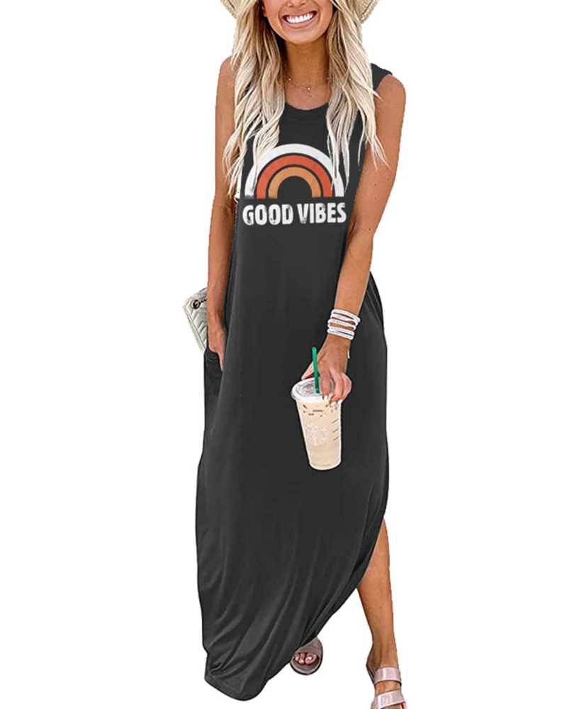 Wilhelmina Abito Maxi Donna Estivo – Senza Maniche, Tasche e Stampa Good Vibes