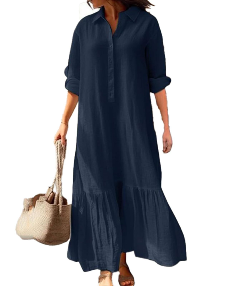 Brooke Abito Lungo Donna – Vestito in Cotone e Lino con Colletto e Orlo Asimmetrico