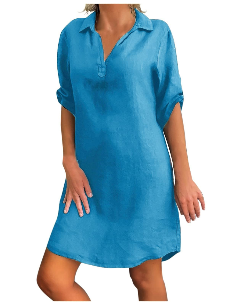 Robe pour femme Matilda en lin et coton – Col en V, coupe trapèze et manches courtes