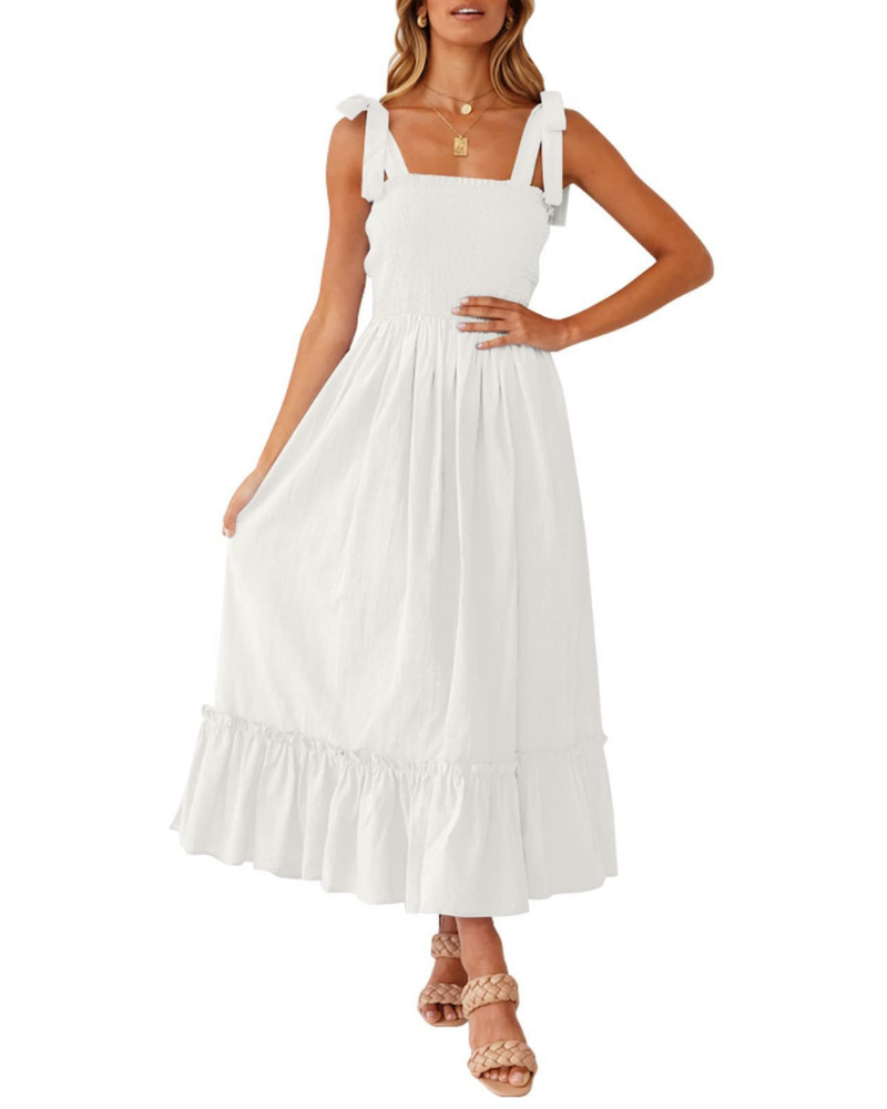 Robe Femme Amelia – Robe Bohème Florale avec Bretelles Nouées, Buste Smocké et Jupe à Volants