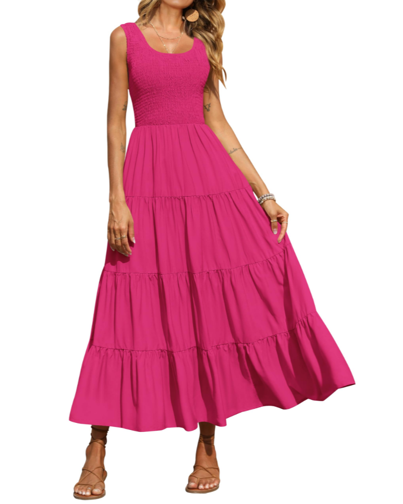 Sophie Abito Donna – Vestito Maxi Smock Senza Maniche con Vita Alta & Gonna a Balze