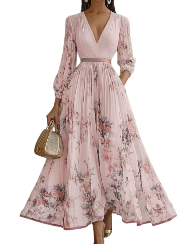 Isabella Vestito Donna Maxi – Abito Floreale in Chiffon con Scollo V & Vita Alta