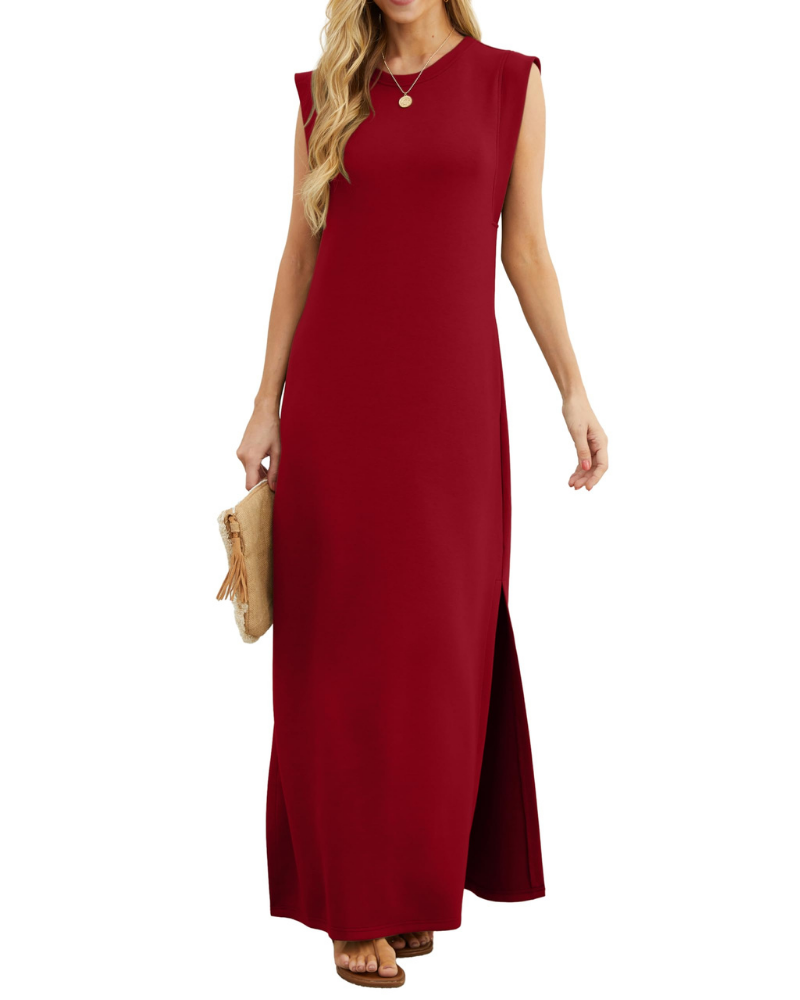 Emily Abito Mujer – Vestido Maxi de Verano Sin Mangas con Cuello Redondo, Bolsillos y Ajuste Fluido
