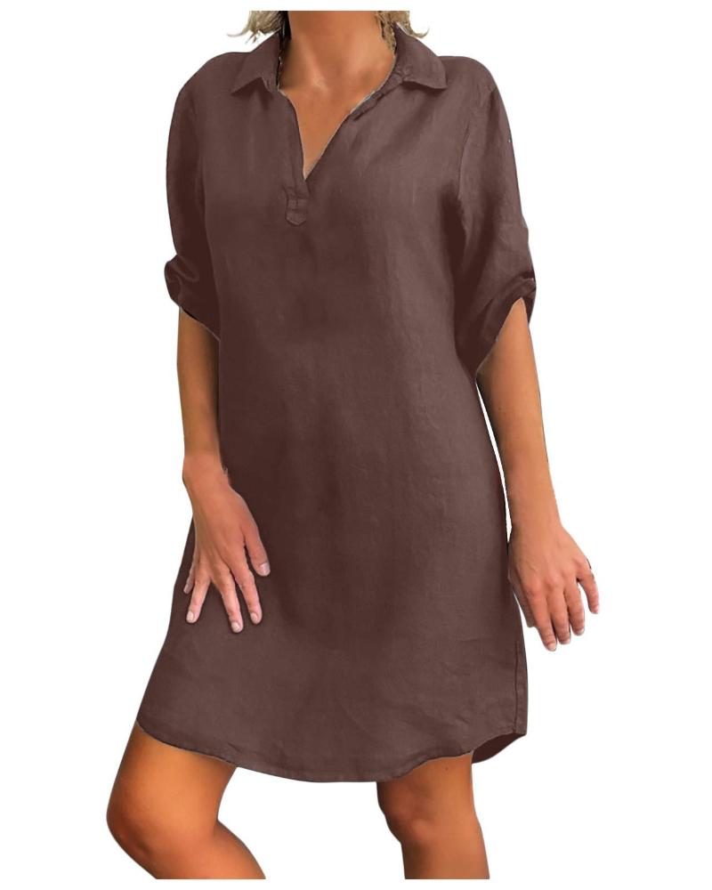 Robe pour femme Matilda en lin et coton – Col en V, coupe trapèze et manches courtes