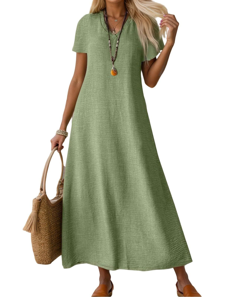 Evelyn Vestito Donna Lungo – Abito in Lino con Scollo V & Vestibilità Morbida