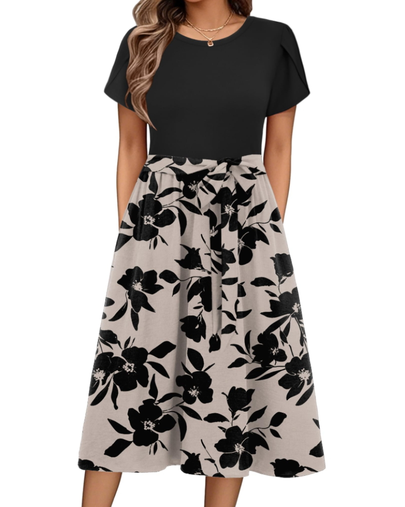 Maureen Abito midi dame med blomstermønster – ermer med kronbladdesign, justerbart belte og lommer