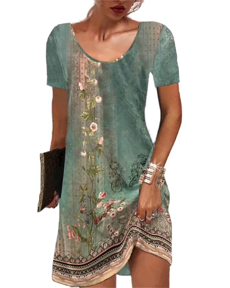 Mini-robe pour femme Priscilla, style bohème – imprimé floral, manches courtes et coupe fluide