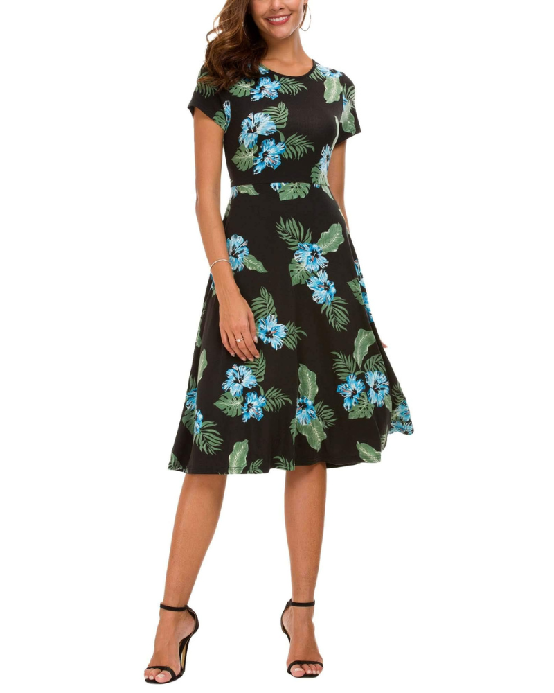 Hannah Abito Mujer – Vestido Floral a la Rodilla con Cuello Redondo, Mangas Cortas y Falda Acampanada