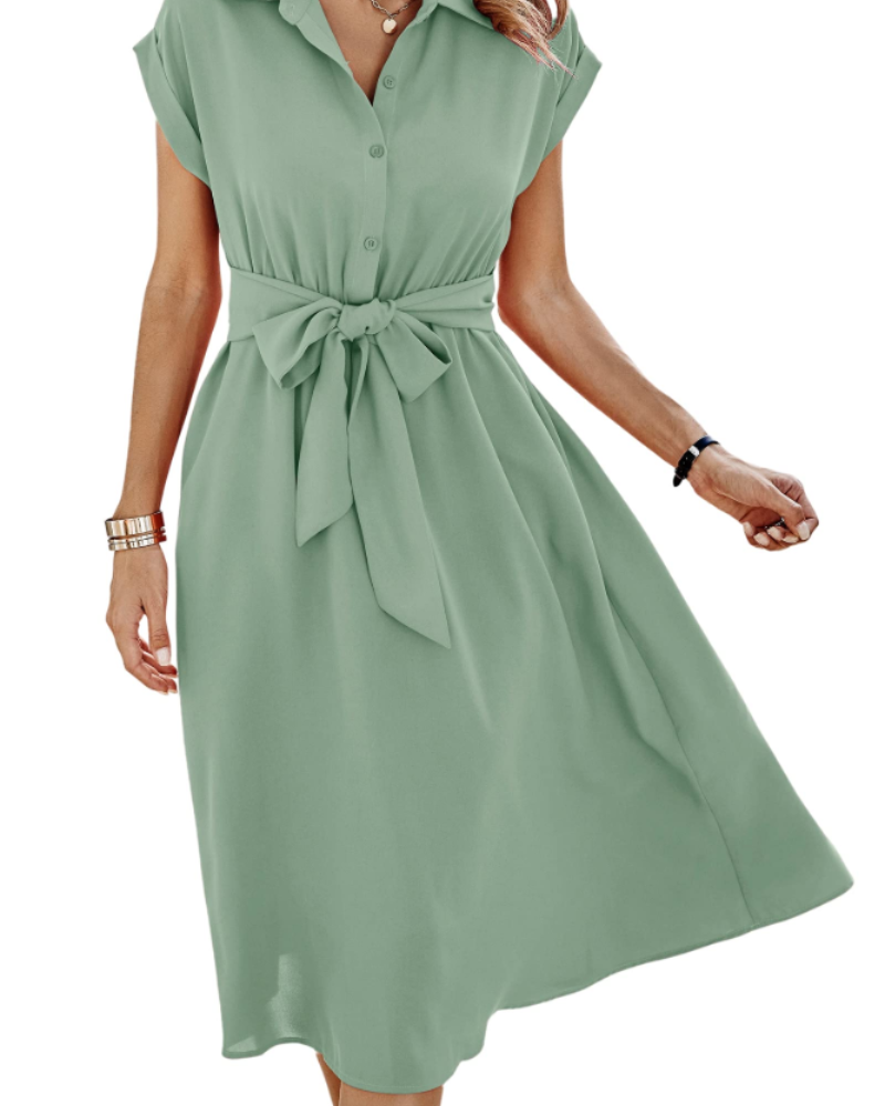 Mia Abito Midi pour Femme – Robe d'Été avec Col en V, Ceinture, Détails Boutonnés et Petites Poches