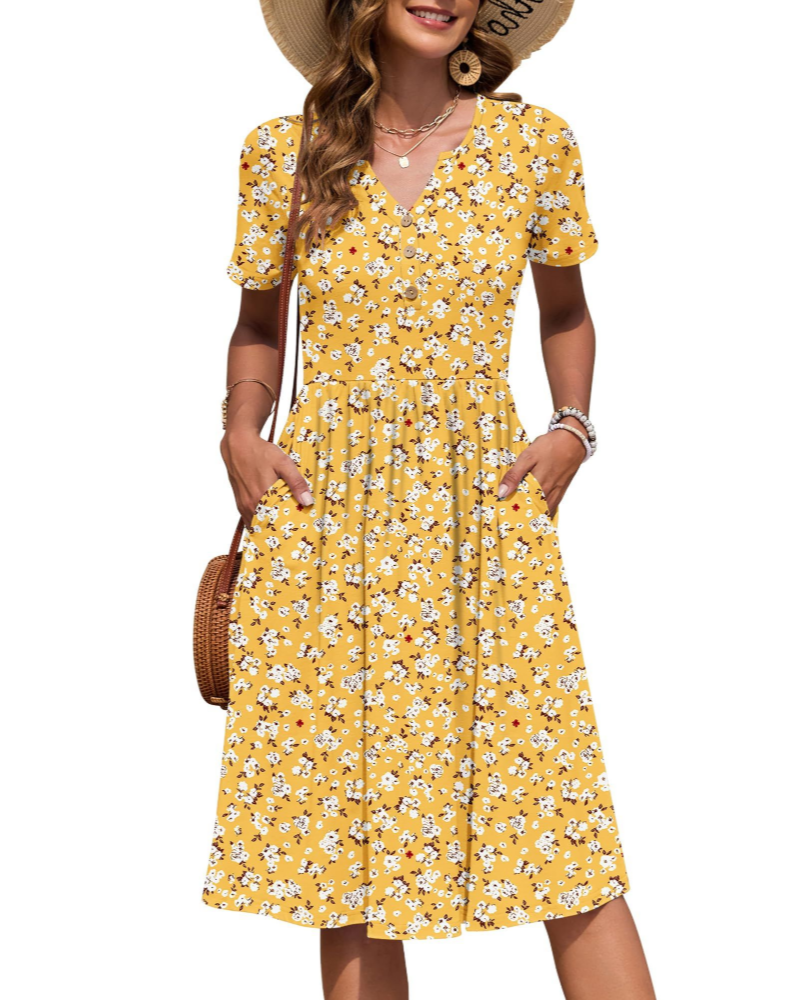 Megan Abito Midi Donna – Vestito Estivo con Scollo a V, Vita Impero e Tasche