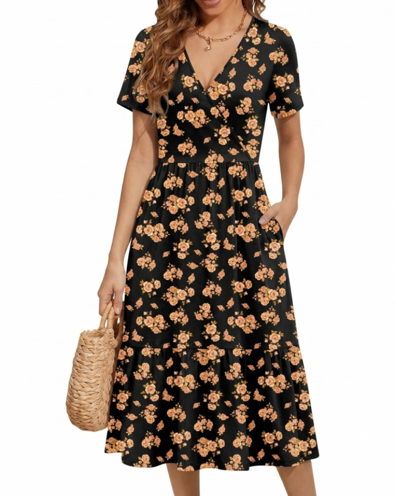Heather Floral Women’s Midi Dress – V-Neck, High Waist, Short Sleeves, and Pockets