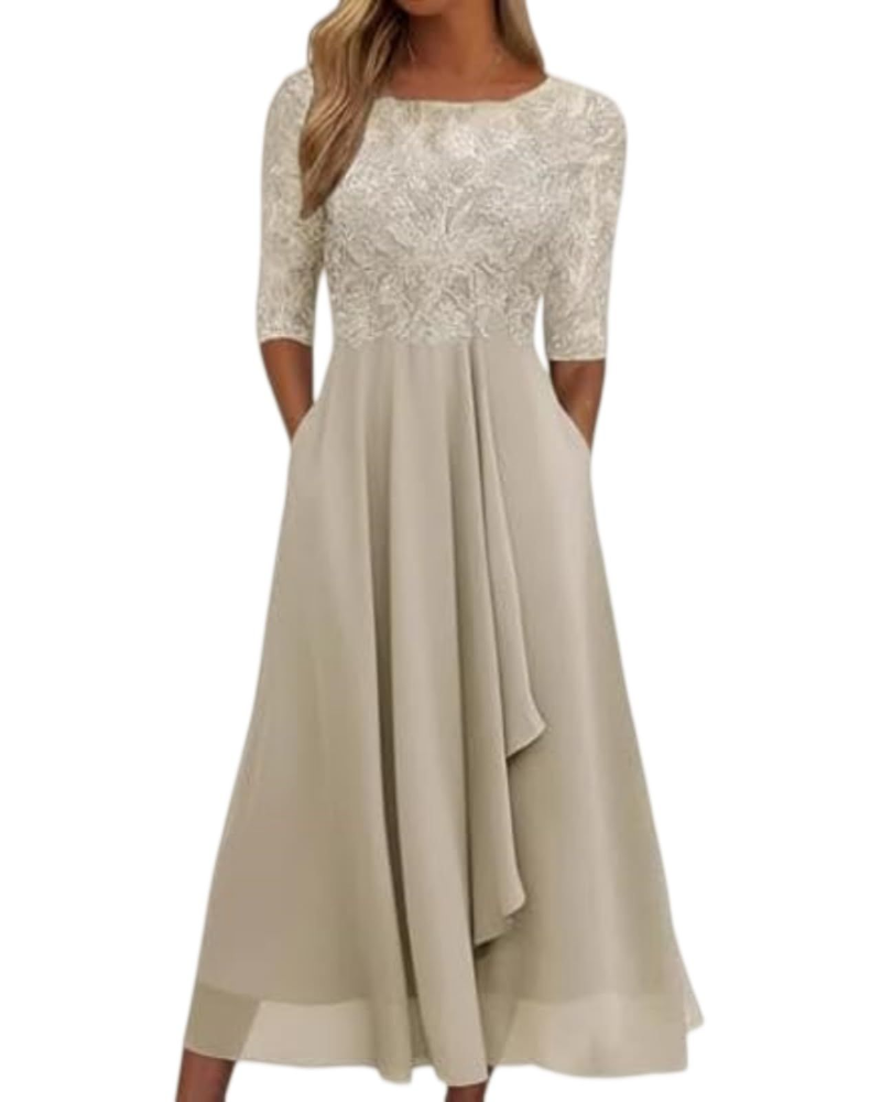 Victoria Vestito Donna Midi – Abito in Pizzo e Chiffon con Mezze Maniche