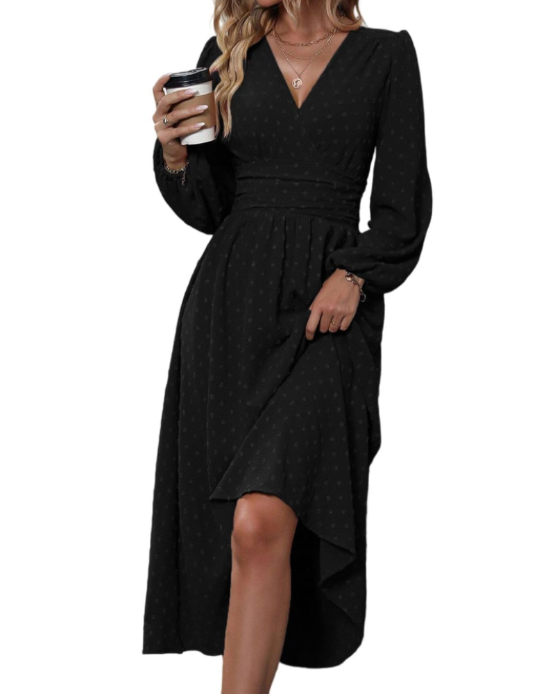 Naomi Abito Midi Donna – Vestito a Pois con Scollo a V, Vita Alta e Maniche Lunghe