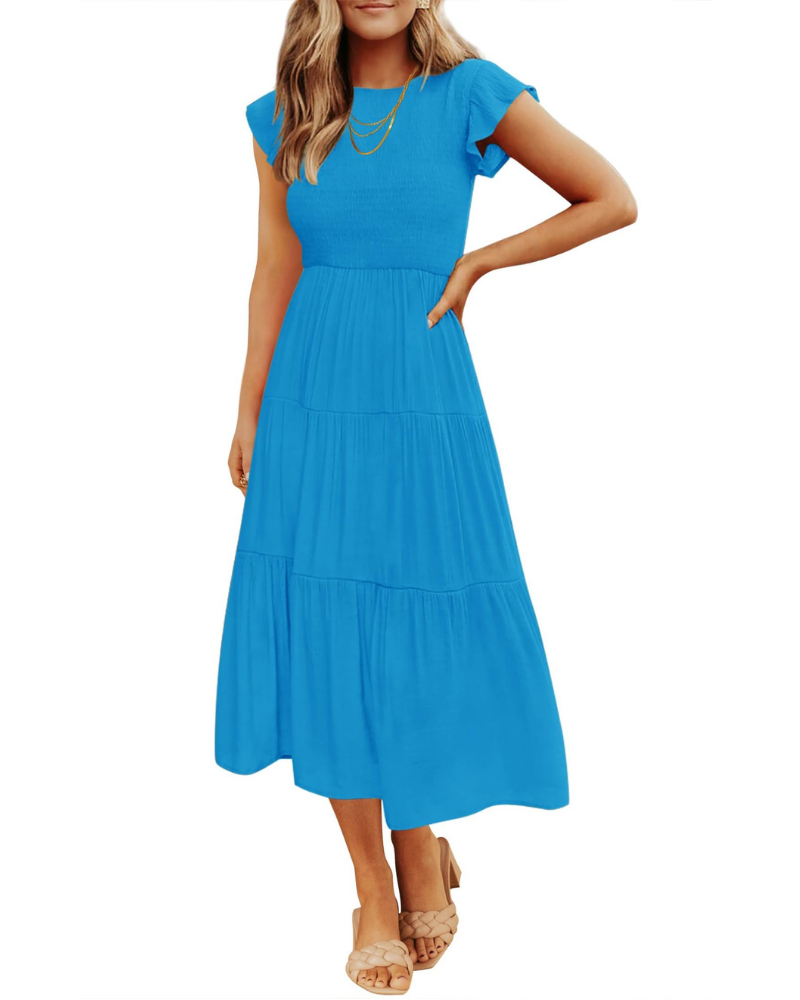 Grace Abito Mujer – Vestido Midi Cottagecore con Busto Fruncido, Mangas Volantes y Falda con Volantes
