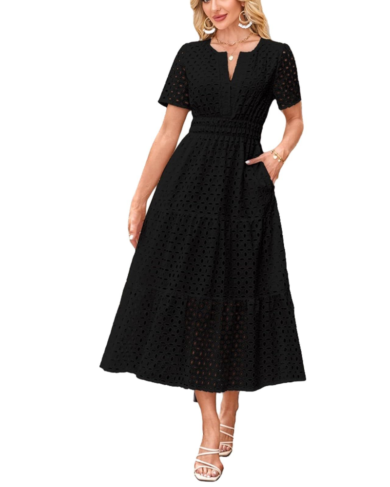 Sophia Vestito Donna Maxi – Abito Estivo in Cotone con Ricamo, Scollo V & Tasche
