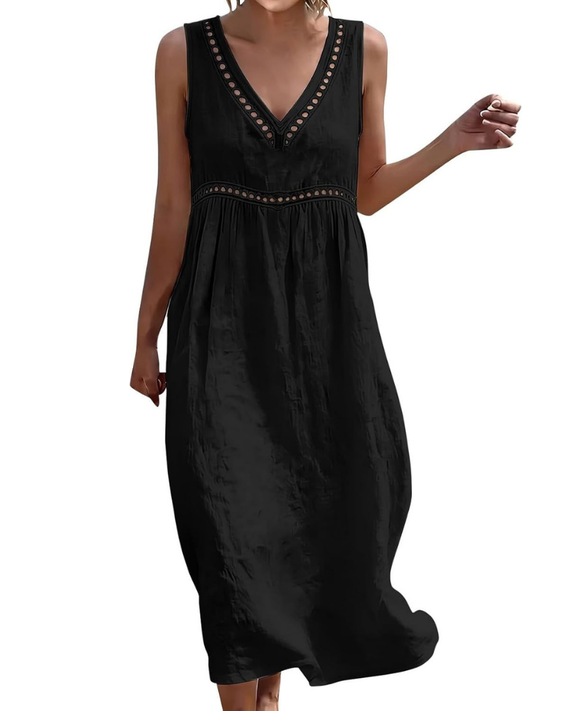 Hadley Curvy Women’s Long Dress – Cotton and Linen, V-Neck, Embroidery and Pockets
