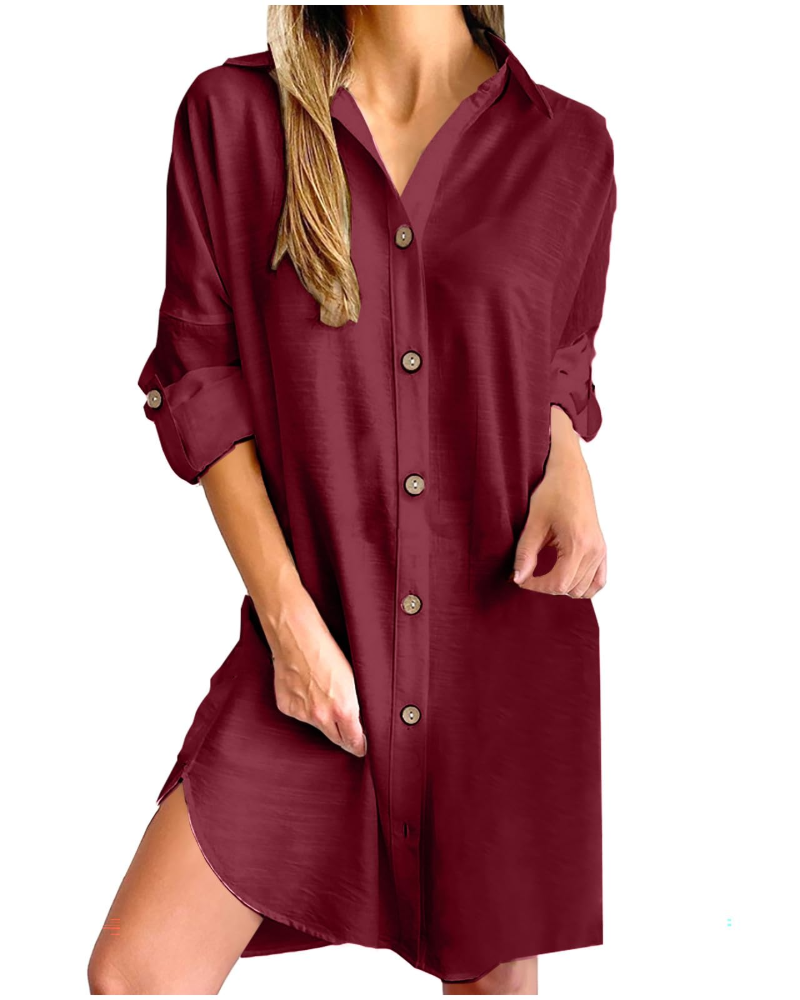 Kendall Chemisier Femme – Robe en Coton et Lin avec Boutons et Manches Longues