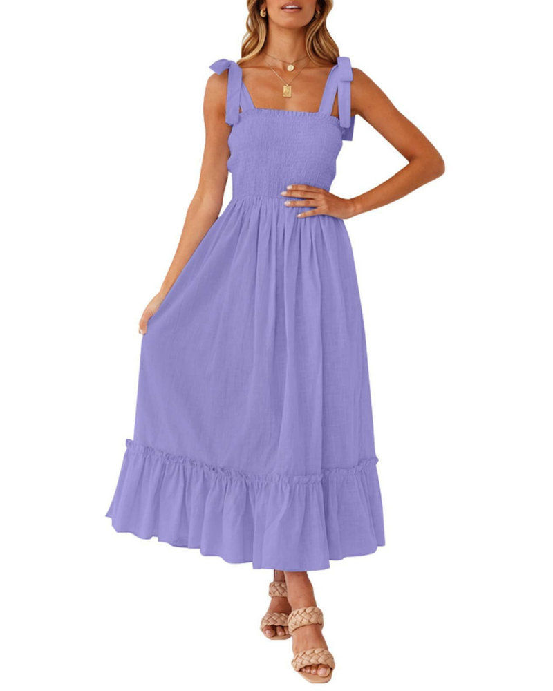 Robe Femme Amelia – Robe Bohème Florale avec Bretelles Nouées, Buste Smocké et Jupe à Volants